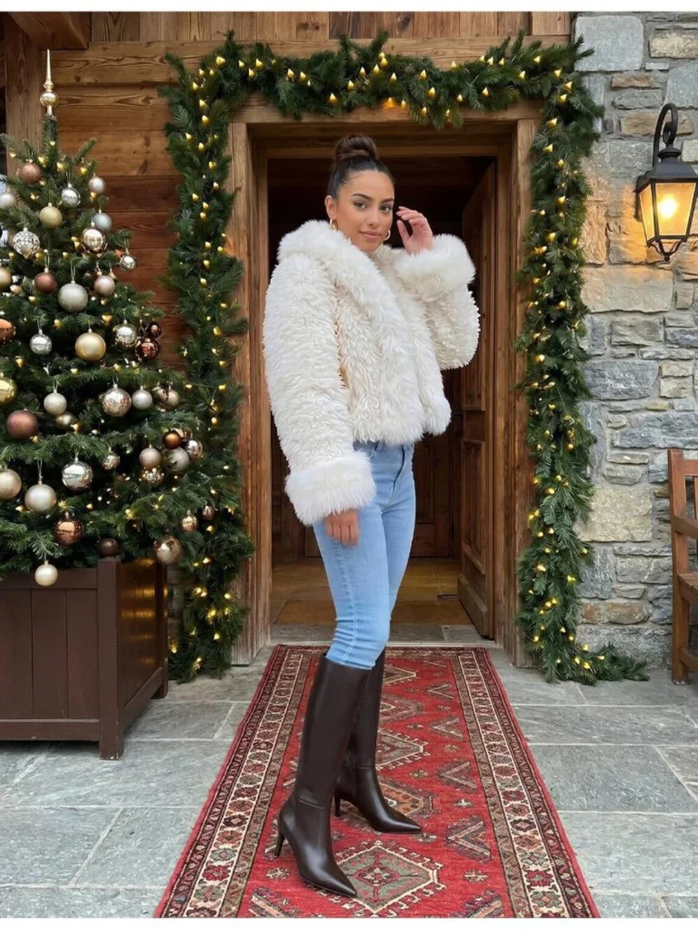 Women Chocolate Fleece Pointed Toe Faux Leather Stiletto Heel Over The Knee Boot